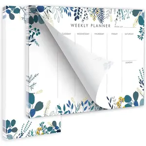 Weekly Planner Notepad Tear Off Set of 2 Weekly Calendar Pad 52 Undated To Do List Notepad Sheets Desk Planner Planning Pads Productivity Tracker for Work Goals Notes Schedule Ideas, Floral Blue