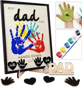 10" Hands Down Best Dad Ever Frame with Paint, DIY Family Handprint Engraved Plaque, Art Craft Family Keepsake Wood Frame, Birthday Father's Day Gift for Daddy, Papa Family Sign with Kids Names