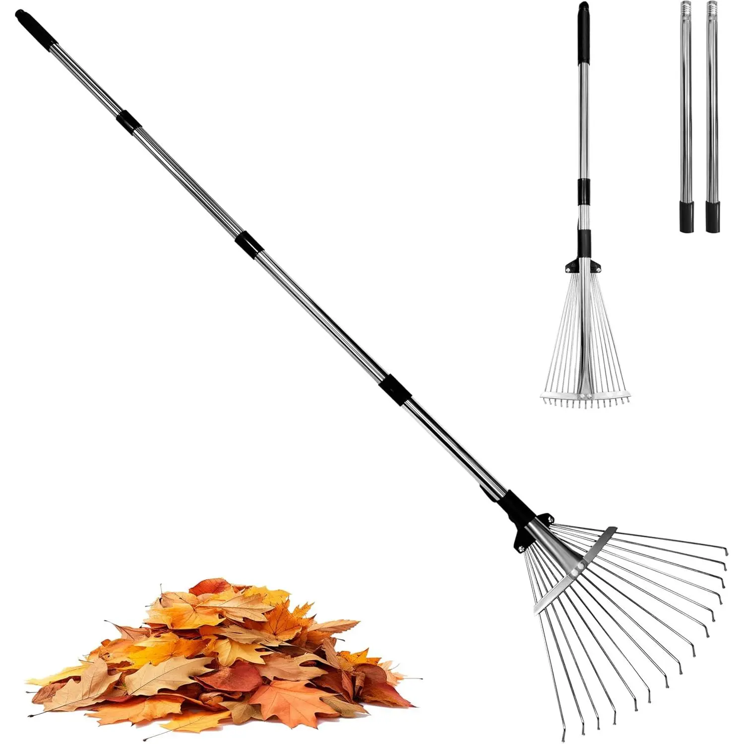 Heavy-Duty Metal Expandable Leaf Rake, 33in-69in Adjustable Long Handle, 8in-15in Expandable Head Garden Tool for Lawns, Courtyards, Flower Beds