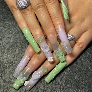 Spring Garden 45mm long nail art ceiling! Mint Green Gradient -3D Decoration - Ice Transparent Naked Powder, Gentle and Directly Pulled Full, Exquisite Girl