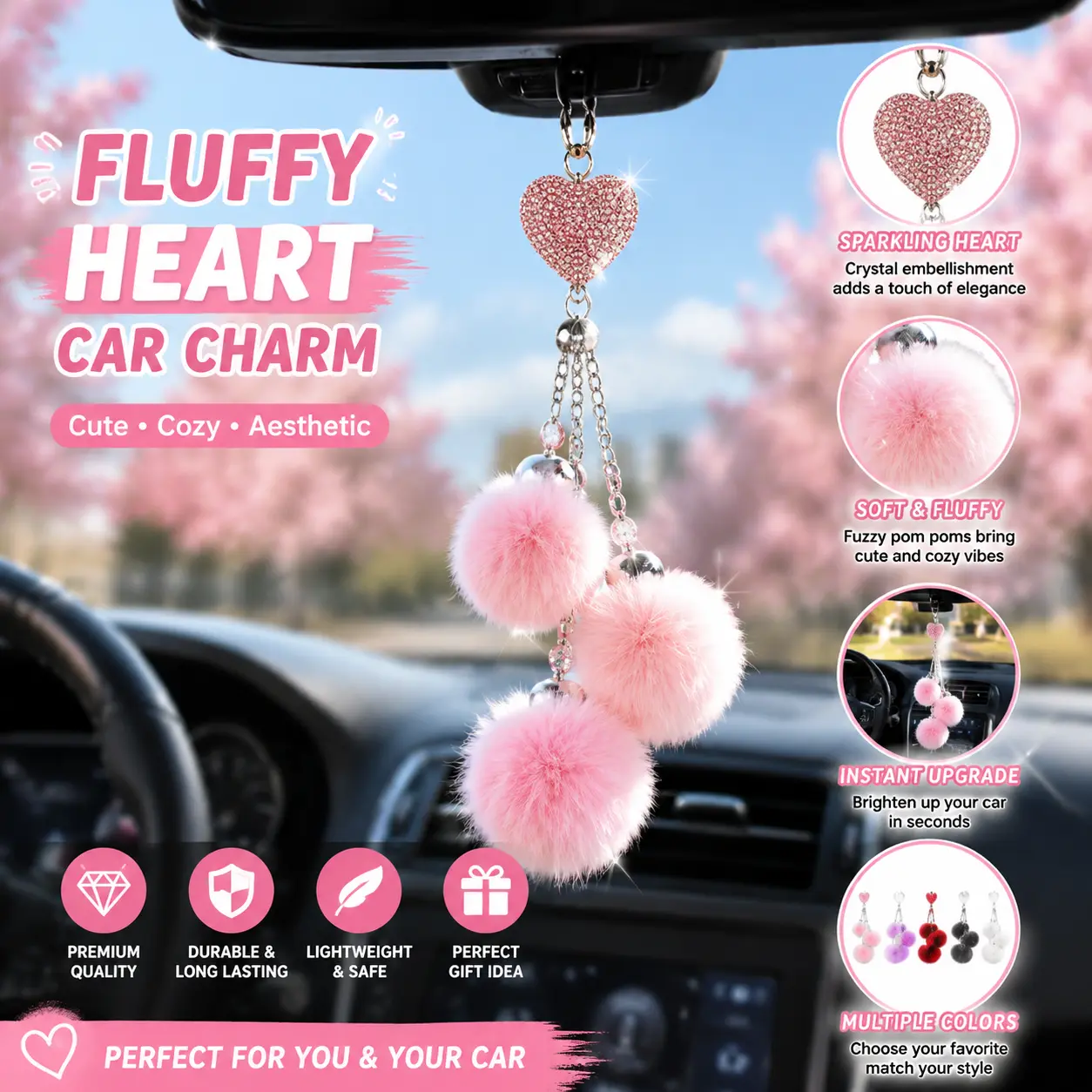 Fluffy Heart Rearview Mirror Charm, Cute Fuzzy Car Accessories for Women, Aesthetic Car Interior Hanging Decoration, Gift for Her