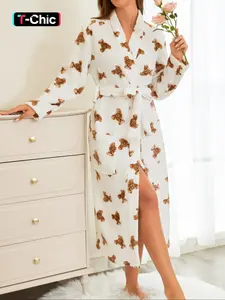 Women's brown teddy bear printed nightgown, thick robe, autumn and winter velvet warm long sleeve home clothes, casual and elegant vacation pajamas for going out, Loungewear