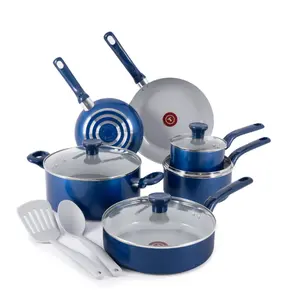 T-fal Easy Care Ceramic Non-Stick, 12 Piece Pots and Pans Cookware Set, Electric Blue