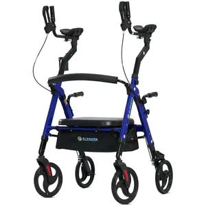 ELENKER YF-9008A Dual-Brake Heavy-Duty Upright Walker – 10″ All‑Terrain Wheels, Aluminum Frame Supports 500 lb, Padded Armrests & Seat, Cup & Cane Holders, Foldable Lightweight Mobility Aid for Seniors collapsible  cane elderly  aid  tool antique