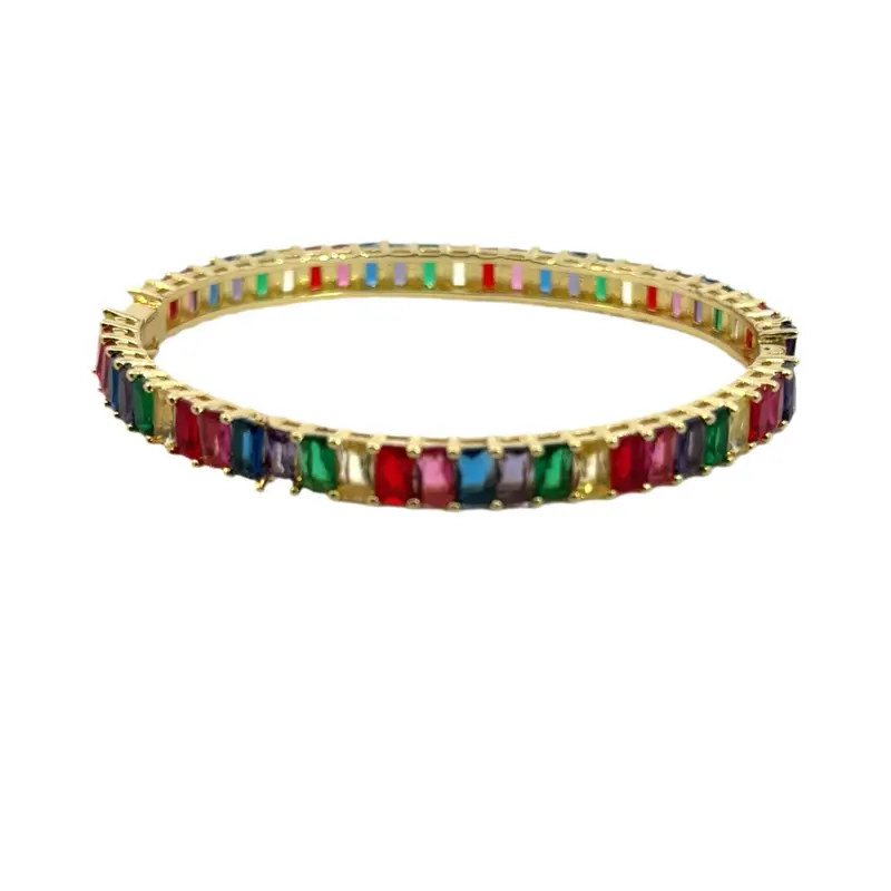 Women's Gold-Plated Brass Rainbow Bangle Bracelet - Vibrant Multi-Color CZ Stones, Bold Statement Costume Jewelry, Durable Elegant Daily Accessory
