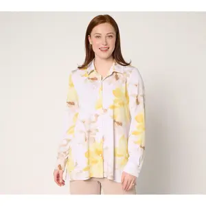 Dennis Basso Regular Printed Caviar Crepe Top with Enamel Buttons