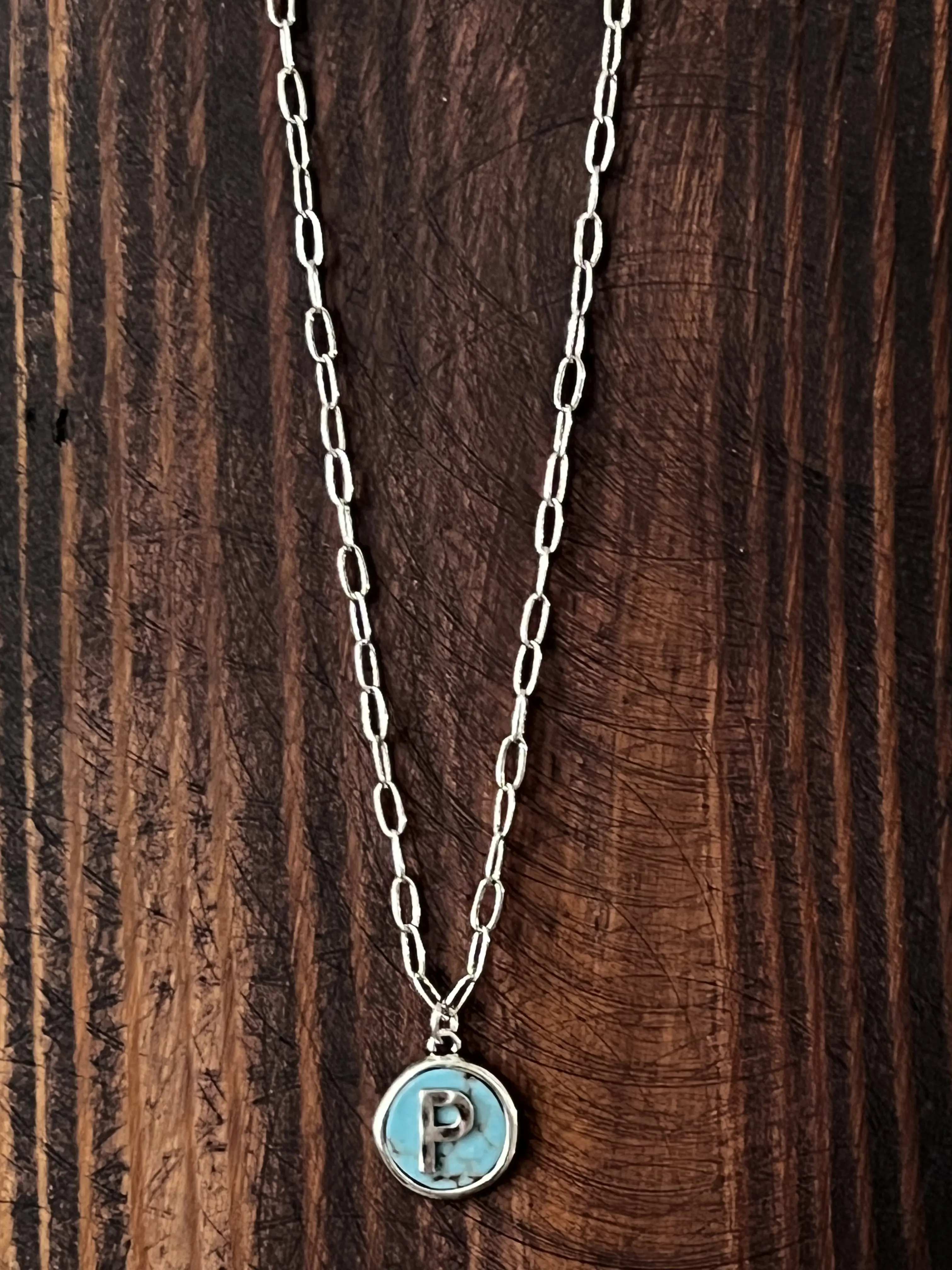 Initial Turquoise and Silver Color Chain Necklace, Fashion Costume Jewelry Accessory