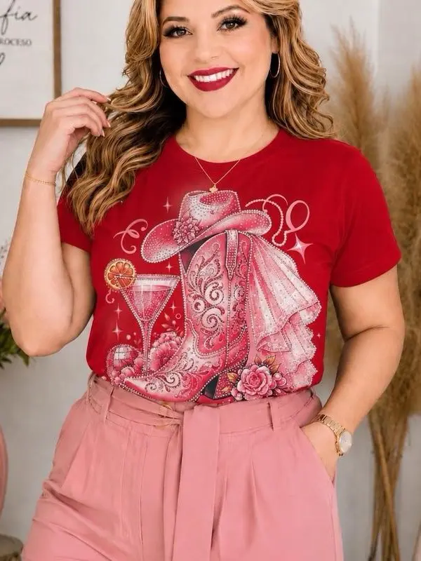 AE ALMA EDELIA'S DISEÑOS A TU ESTILO Women's Cowgirl Cockgirl Hour -Themed Rhinestone Short-Sleeve T-Shirt, Spandex Fabric Womenswear Top, Style #23169