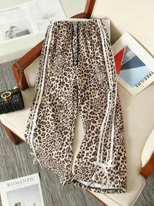 Women's Leopard Print Casual Long Pants, Comfortable Drawstring Waist, Fitted Natural Waist, All Seasons Fashion, Street Style, Casual Bohemian Trousers, Boho Casual Pants