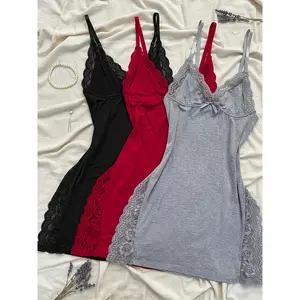 Lace Trim Slip Dress - V-Neck Sleeveless Dress Ruffled Hem, Solid Color, All-Season Nightgown for Women,Elegant and Comfortable Sleepwear, Lingerie Sleepwear Feminine Design Lace Trim Dress