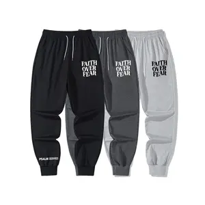 3 pieces set Men's spring and autumn sports pants, Men's wear regular version, Menswear,Pants ,letter printing, casual nine-point pants, suitable for running fitness, elastic waistband, drawstring gray & black sportswear, 95% polyester fiber 5% Elastane