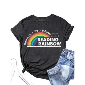 Women's Rainbow & Letter Print Round Neck Tee, Trendy Casual Short Sleeve T-shirt for Daily Wear, Ladies All Seasons Clothes, T Shirts for Women, Going Out Tops