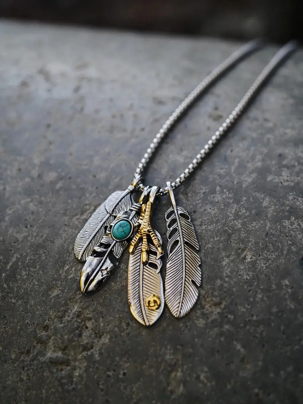 Men's 4-Pcs Vintage Turquoise Eagle Claw Charm Necklace Set, Stainless Steel Chain Link Jewelry with Angel Feathers Pendant, Polished Finish for Daily Wear Streetwear Hip Hop Boho Style