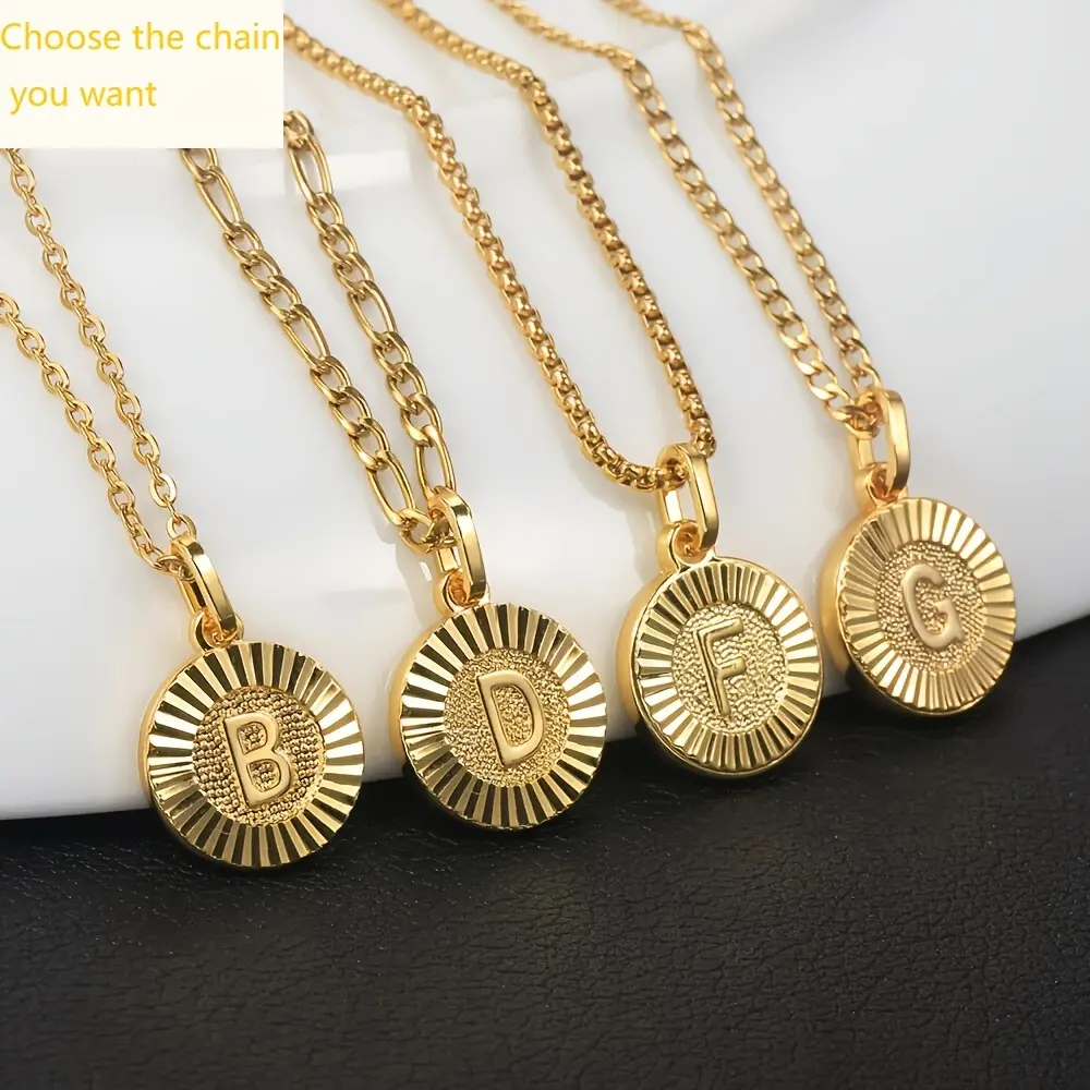 Circular Letter Pendant Necklace Charm Golden Capital Letter Necklace for Men Women Curb Cuban Chain Rope Figaro Link 18inch Chain Length Gold Filled Copper Pendant Stainless Steel Chain 16*16mm