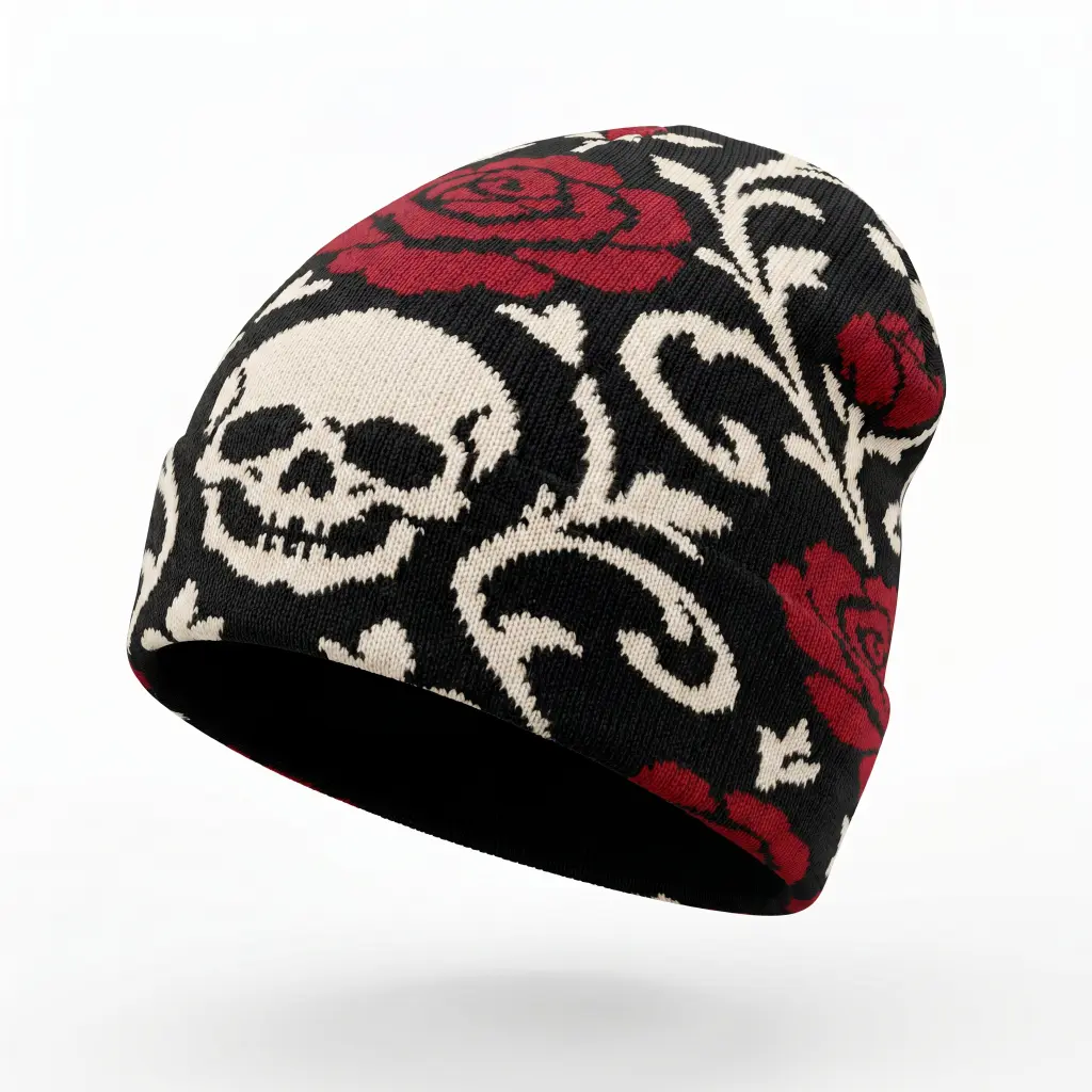Ornamental Skull Rose Beanie for Alt & Aesthetic Outfits