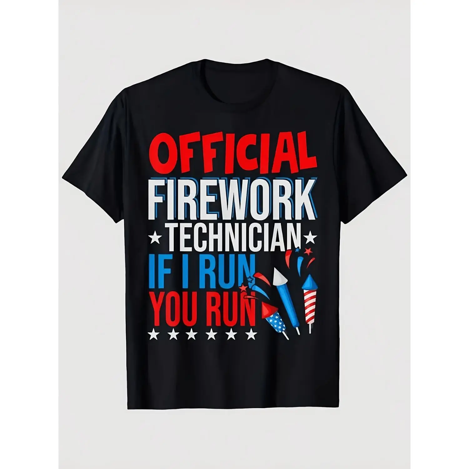 Women's 180g Lightweight Cotton T-Shirt, Short-Sleeve Crew Neck Graphic Top, Unisex Streetwear for USA 4th of July Independence Day Patriotic Firework Technician Holiday Spirit, Soft Breathable Regular Fit, Shortsleeve, Tshirt
