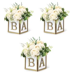 3pc golden baby shower party table centerpiece flower box, wooden box with the letters BABY, suitable for gender revealing parties (without flowers)