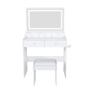 White Lighted Vanity Desk - Stylish, Stand-Alone, Illuminated, Color-Tuned, Drawer-Equipped Makeup Vanity for Indoor Bedroom, 30.3-in Extra-Large Adjustable LED Mirror, 5 Drawers, Power Outlet, Hair Dryer Holder, Stylish Makeup Vanities, Stand-Alone Makeu