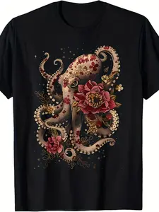 Men's Retro Octopus Squid Floral Ivin T-Shirt- Retro Marine Life Pattern T-Shirt, Red Golden Tentacle Print, Comfortable Fit Short Sleeve Casual Shirt, Suitable Aily Beach Wear(Size S-3XL) |   All-season Comfortable Crew Neck Top