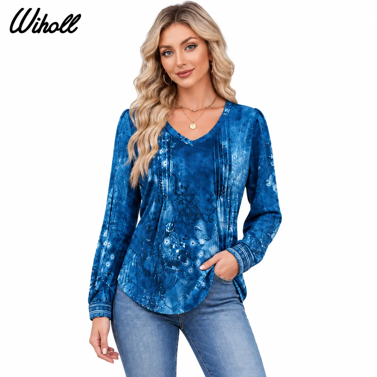 WIHOLL Women's Longsleeves Polyester Blouse - Indigo Print, V-Neck, Pleated, Curved Hem, Casual Daily Elegance, Fall Winter Tunic Top, Elongated Blouses & Shirts (Refer to Size Chart)