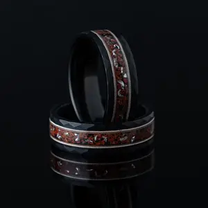 Dinosaur String - Dinosaur Stone & Meteorite and Guitar String Ring, 8mm Width