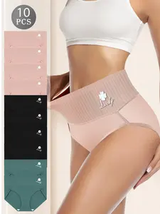 QUASTI 10-Pack Women's High-Waisted Seamless Briefs, Elegant Lucky Clover Detail, Smooth Breathable Tummy-Control Panties, Soft Luxury Everyday Underwear, S-XXL