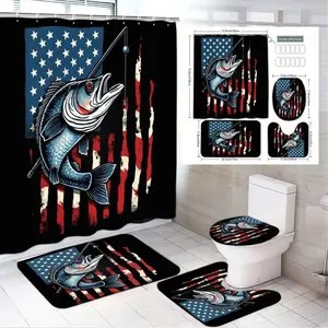 4pcs Patriotic Fishing Theme Bathroom Set, Includes Shower Curtain & Accessories, The floor mat fabric is thicker and softer! Ideal for Summer Decor, Durable Fabric Material