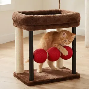 Veehoo Small Cat Tree with 17"x13" Top Bed 20.5" Sturdy Tower Natural Sisal Posts Rotatable Balls for Small Spaces Kittens Double Scratching Fun Cozy Perch Compact for Apartments