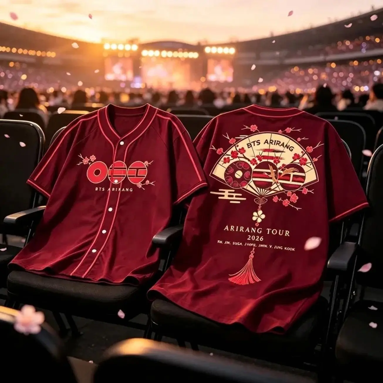 Maroon Red Baseball Jersey Shirt Kpop Concert Folding Fan Cherry Blossom Top