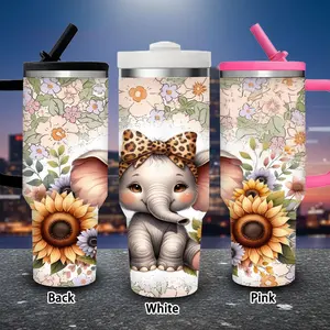 1 pc 40 oz whimsical floral elephant artwork tumbler with lid and straw, winter insulated travel mug, gift for women and men, ideal for Valentine’s Day, Easter, birthday gifts, iced/hot coffee cup