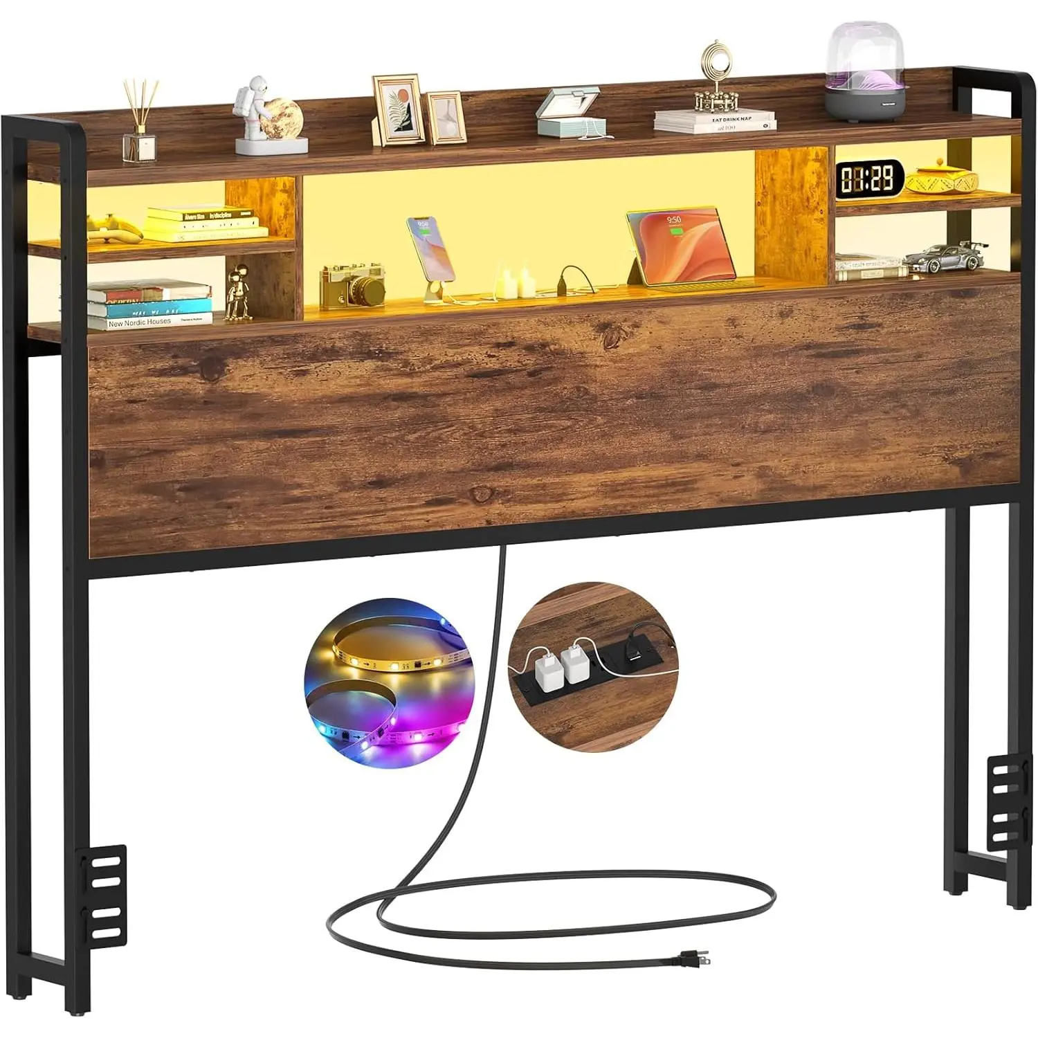 Headboard for Full Size Bed with Storage, Headboards with LED Light, Power Outlets, USB Ports Full Size  Board,  headboard Only Sturdy and  Headboards, Modern, Rustic Brown