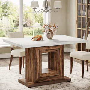 Tribesigns White & Brown Farmhouse Dining Table 47-Inch for Home, Rustic Style, Heavy Duty Pedestal Design