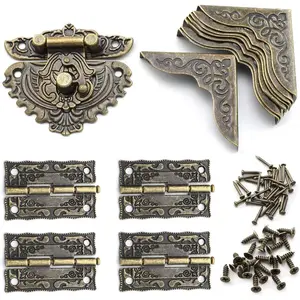 Antique Engraved Latch Hasp Hinges and Box Corner Protectors Hardware Kit for Jewelry Box Decoration and Repair