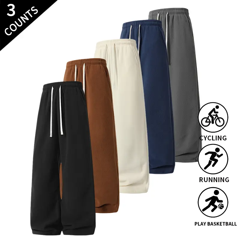 Male 3-Pack Solid-Color Wide-Leg Polyester Athletic Pants, Elastic Drawstring Waist, Loose Cut Baggy Pants, Suitable for Basketball & Casual Wear