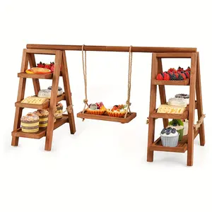 CNCEST Wooden Double 3 Tier Serving Tray Serving Ladder Dessert Stand with Serving Platter Tray Party Food Display Set for Cake Snack Fruit Chips Bread Centerpieces