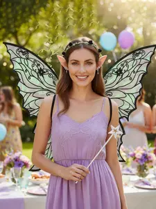 Adult & Girl Fairy Wings Costume Set, Includes Wreath, Magic Wand, Elf Ears, Organza Butterfly Wings, Role Play Party Use
