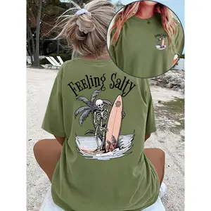 Women's Plus Size Casual Loose Fit Round Neck Short Sleeve T-Shirt - "FEELING SALTY" Surf Skeleton Graphic Print, High Stretch Machine Washable Summer Beachwear Top, Beach Vacation Outfit, Laidback Fashion, Breathable Tee, Statement Tee, Beach Lovers