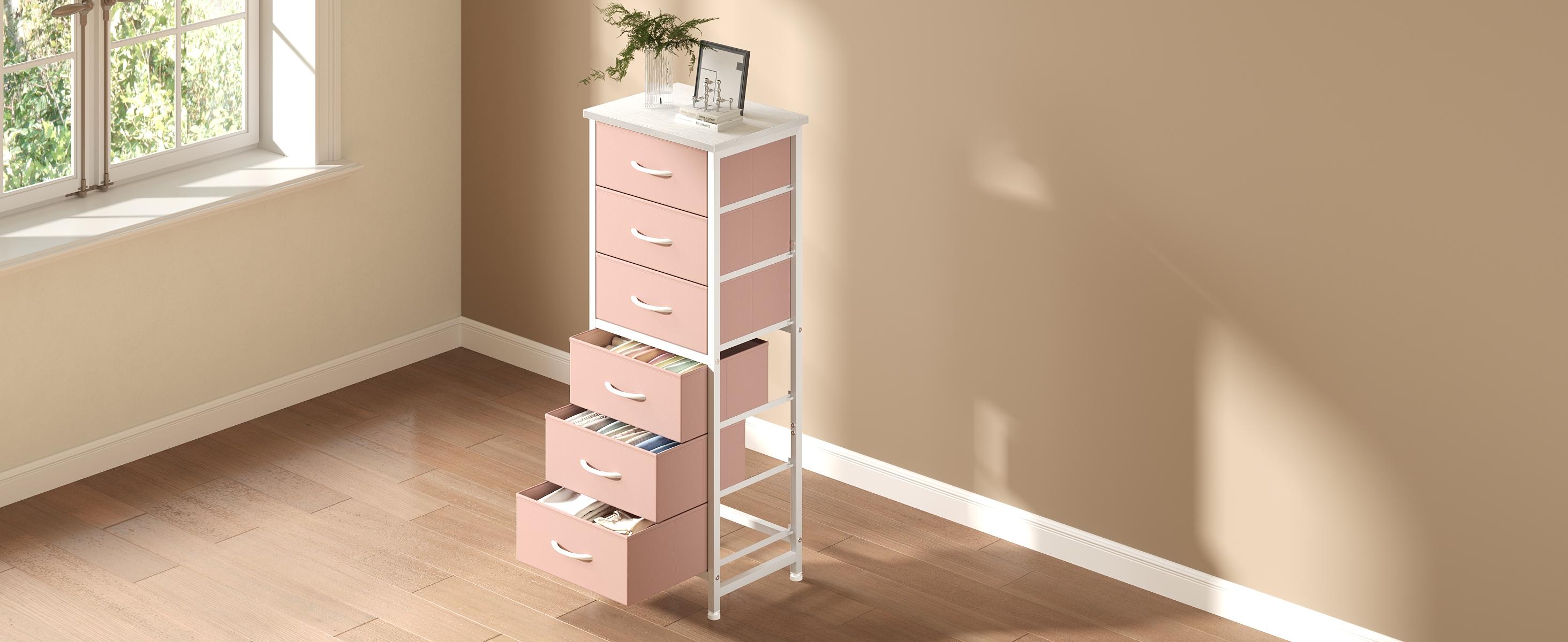 Sweetcrispy 6-Fabric-Drawer Chest Dresser - Clothes Storage Cabinet, Minimalist Drawer Tower, Modern Home Furniture, Wood Top Cabinets with Metal Frame, Cross Support Rods, Anti-Tip Design for Bedrooms, Compact Spaces
