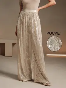 Trendy Women's Straight Leg Casual Elegant Elastic Waist Loose Fit Sequin Decorated Pants, All Seasons, Party, Valentine's Day, Date Night