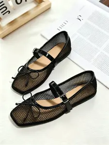 Mary Jane Shoes for Women, Breathable Mesh Upper, Adjustable Bow Strap, Square Toe, Flat Sole, Fashionable Korean Style, Daily Wear