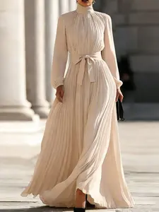 Women's Solid Color Dress, High Neck Long Sleeve Bishop Sleeves Pleated Waist Belt Design, Casual Daily Commute Wear, Modest Style Dress