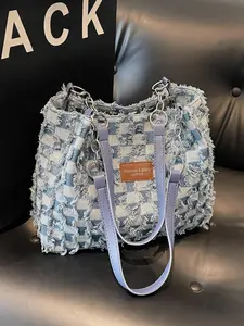 Chic Preppy Style Large Capacity Tote Bag, Lightweight PVC & Kraft Paper, Magic Tape Closure, Stylish Handbag for Women, Trendy Fashion Accessory