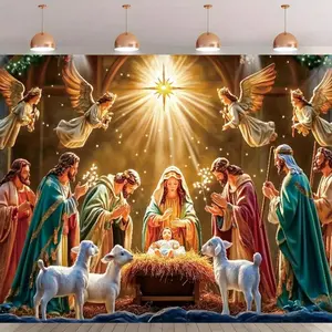 1pc 2D Flat Nativity Scene with Angels and Shepherds Illustrated Style Religious Art Banner for Christmas Party Decorations Indoor & Outdoor Use Polyester Material Perfect for Entryway or Event Celebrations Christmas D Ornaments