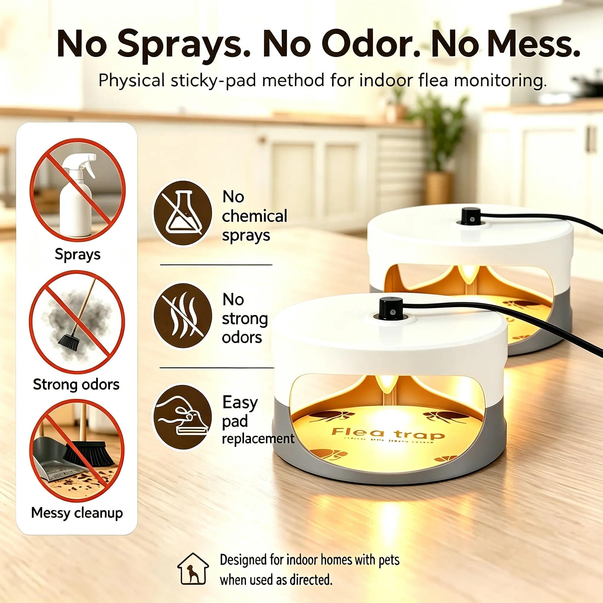 2 Pack Flea Traps for Home, Indoor Flea & Bed Bug Killer Trap Light with 4 Sticky Pads and 6 Replacement Bulbs, Odorless Physical Insect Catcher, Safe for Kids and Pets flea trap