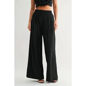 Arden Pleated Wide Leg Chiffon Trousers - Black
