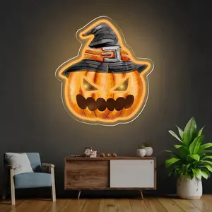 Pumpkin Witch Hat Neon Sign, USB Powered Dimmable Orange LED Neon Light, Halloween Jack O' Lantern Wall Decor for Party Home Bar, Spooky Halloween Gift for Kids Adults