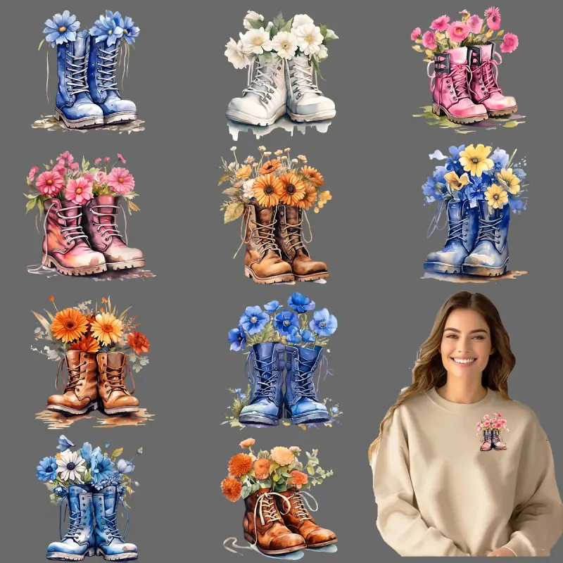 12 Pairs of Flower-Colored Shoes DIY Transfer DTF Transfer Stickers, DIY Products, Washable Heat Transfer Design, No-Iron Appliques for T-Shirts, Masks, Jeans, Backpacks, DIY Floral Decoration, Crafts