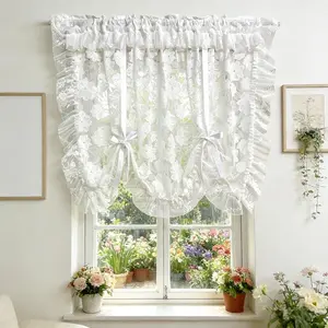Tie Up Floral Lace Sheer Jacquard Balloon Curtain Shade for Kitchen Bathroom Light Filtering Farmhouse Valance Roman Shade for Small Living Room Window 1 Panel Off White W39 x L39 inch