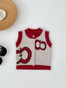 New Year Baby Girl Knitted Vest Cardigan, Single-Row Button Backless Sweater, Inner Layer Apple Design, Fashionable Outerwear
