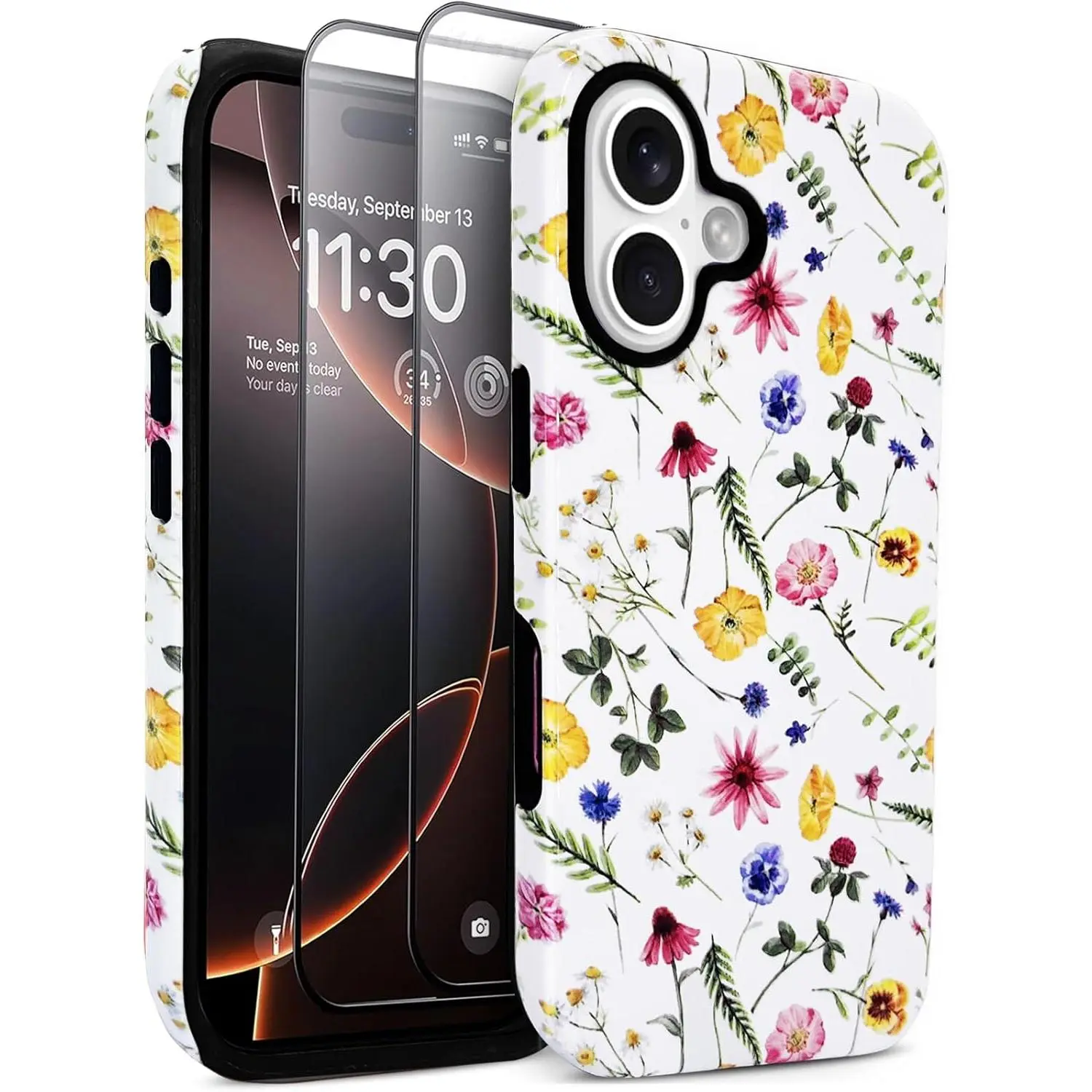 Compatible with iPhone 16 Case 6.1 inch with 2 Pack Tempered Glass Screen Protectors Cute Floral Flowers Hybrid Cover for  Women Aesthetic Protective Phone Cases Wildflowers